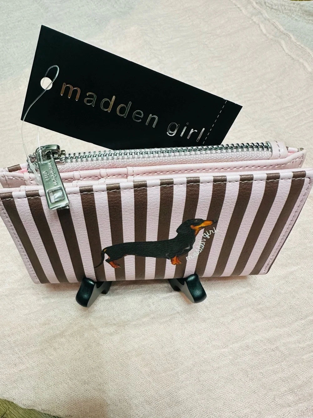 NWT Madden Girl Viral Pink & Brown Striped Dachshund Bifold Wallet
